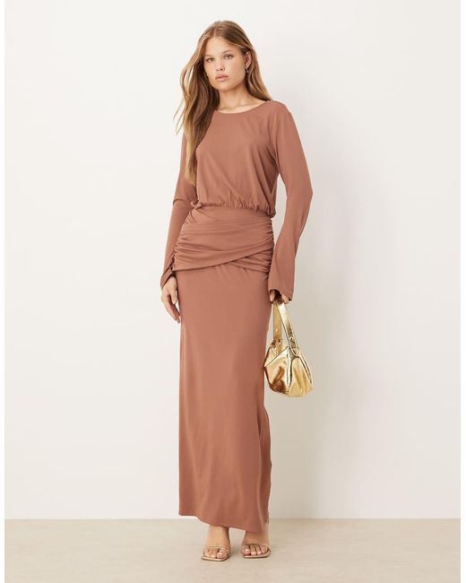 ASOS Natural Long Sleeve Ruched Wrap Waist Maxi Dress