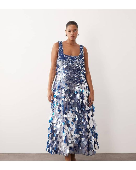 ARRANGE Blue Curve Embellished Disc Sequin Square Neck Full Skirt Midi Dress