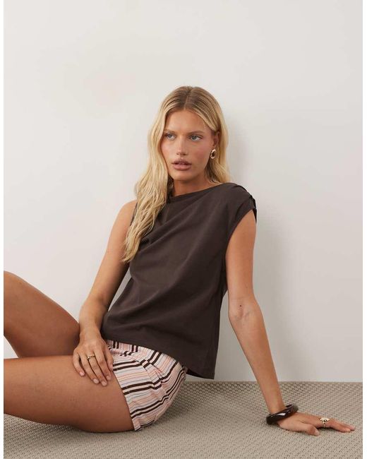 ASOS Brown Boat Neck Top With Ruched Shoulder Details