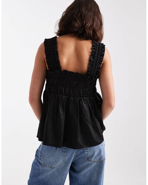 Collusion Black Satin Shirred Smock Top