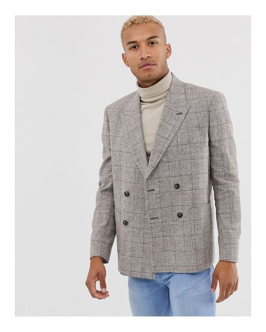 ASOS Brown Boxy Oversized Double Breasted Linen Blazer With Check for men