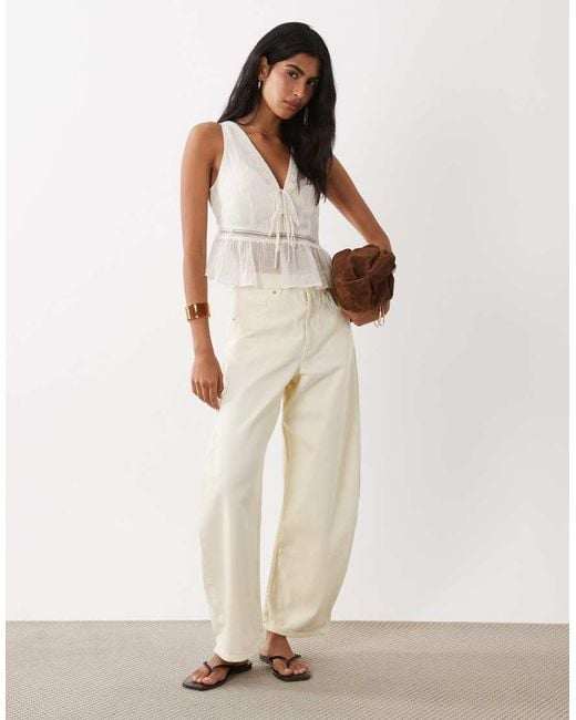 Mango Natural V-neck Lace Trim Sleeveless Top With Bow Detail