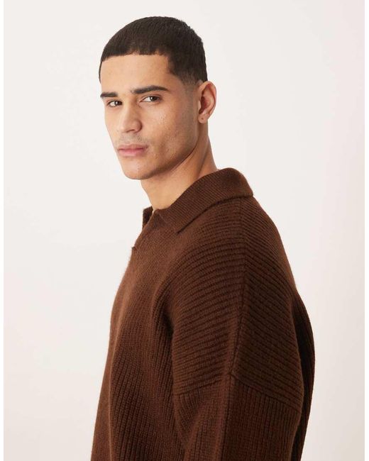 ASOS Brown Super Oversized Boxy Fit Knitted Fisherman Rib Notch Neck Jumper for men