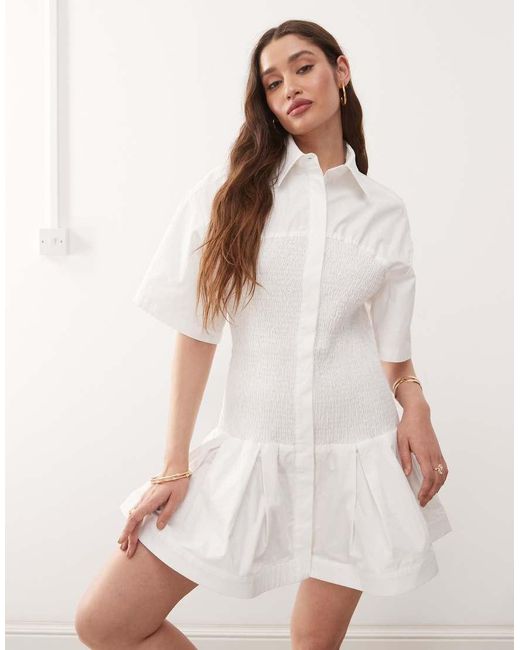 Amy Lynn Natural Smocked Shirt Mini Dress With Shirred Bodice