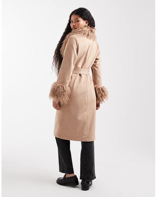 New Look Natural Belted Faux Suede Faux Fur Mixed Coat