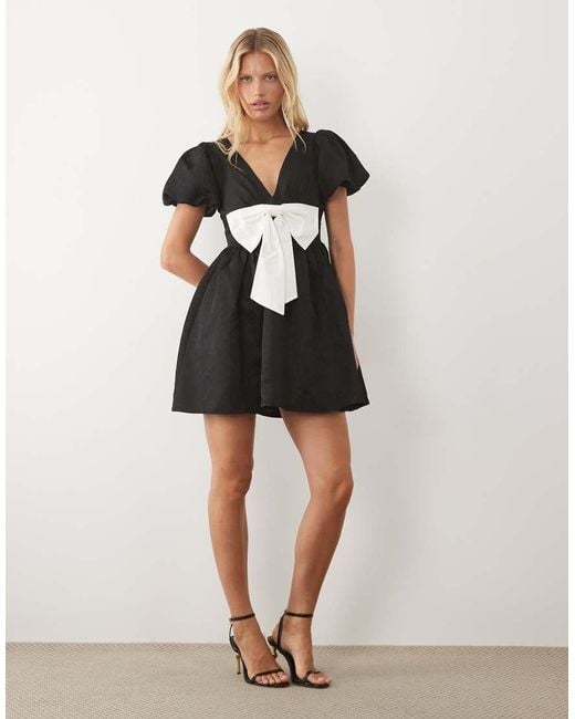 Sister Jane Black Bordeaux Exclusive Jacquard V-neck Puff Sleeve Mini Dress With Contrast Bow