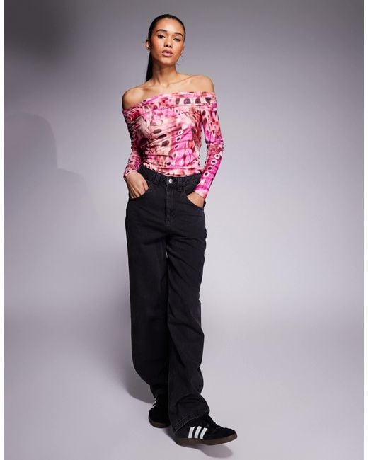 AFRM Pink Asymmetric Off Shoulder Mesh Top