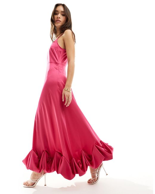 Vila Pink – maxi-trägerkleid aus satin mit gerüschtem saum