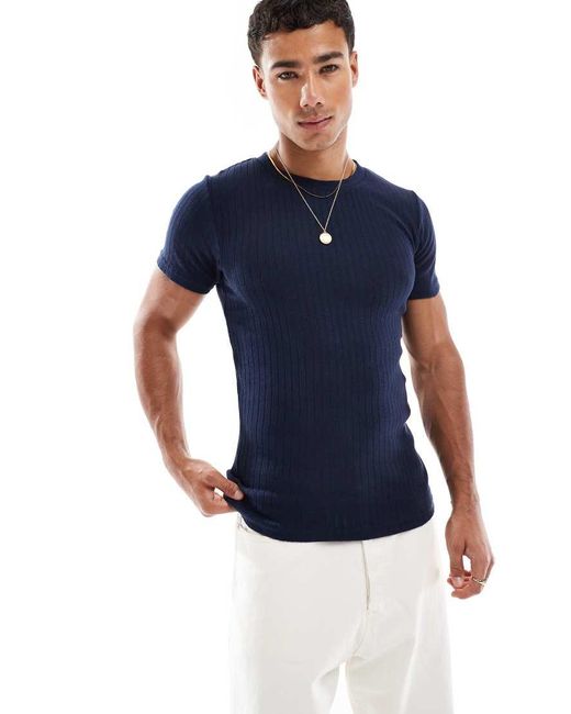 Jack & Jones Blue Muscle Fit Ribbed T-shirt for men