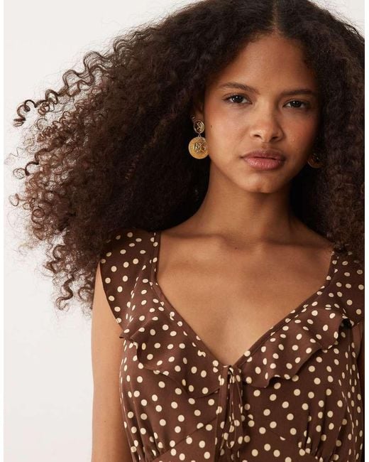 New Look Brown Ruffle Detail Polka Dot Midi Dress