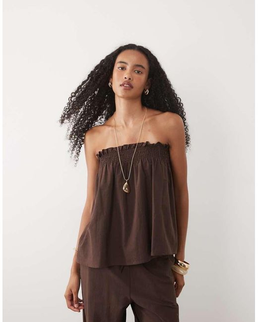 ASOS Brown Linen Blend Shirred Bandeau Top