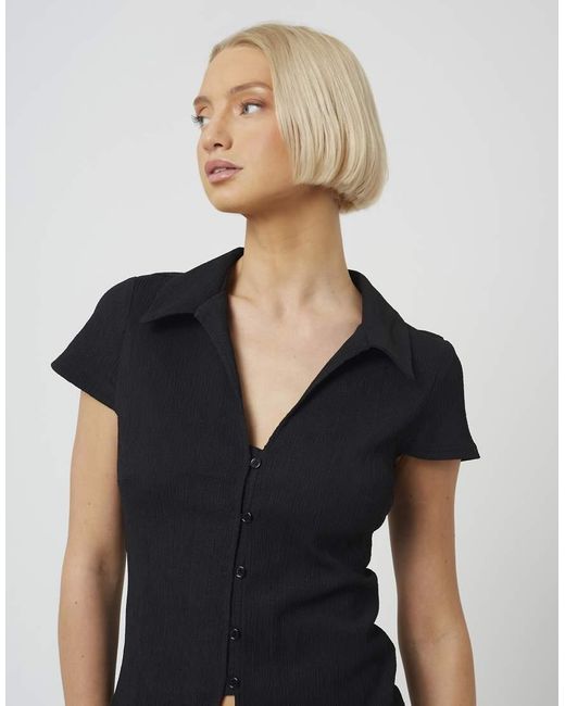 Brave Soul Black Textured Jersey Short Sleeve Button Down Top