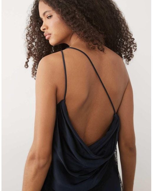 Forever New Blue Satin Lace Detail One Shoulder Bias Maxi Dress