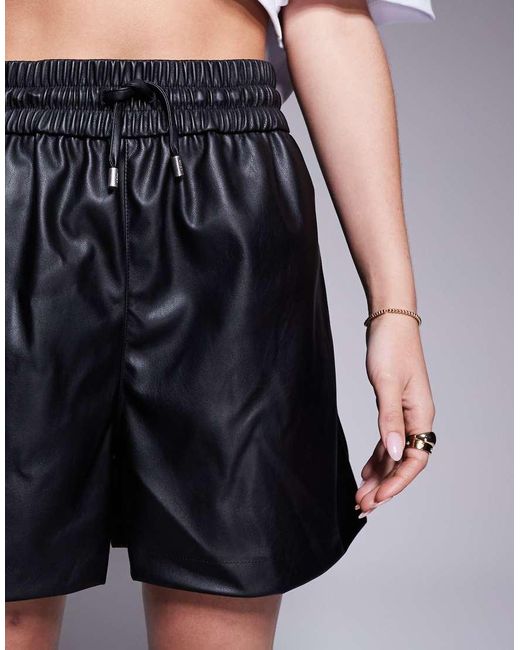 HUGO Black Elasticated Waist Faux Leather Shorts