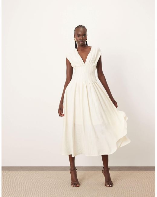 ARRANGE Natural Premium Structured Linen Pleat Waist Midi Dress With Tie Back Detail