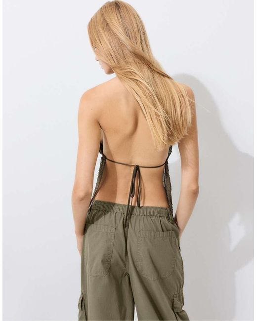 Stradivarius Green Embroidered Halter Top With Rhinestones