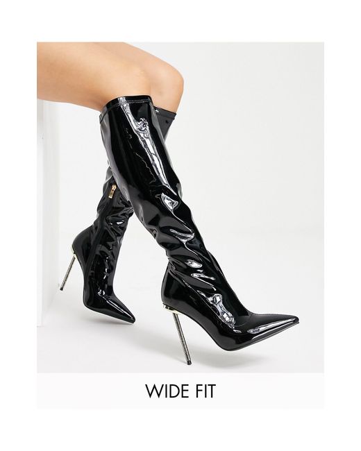 SIMMI Black Simmi London Wide Fit Demi Knee Boots With Diamante Stiletto Heel