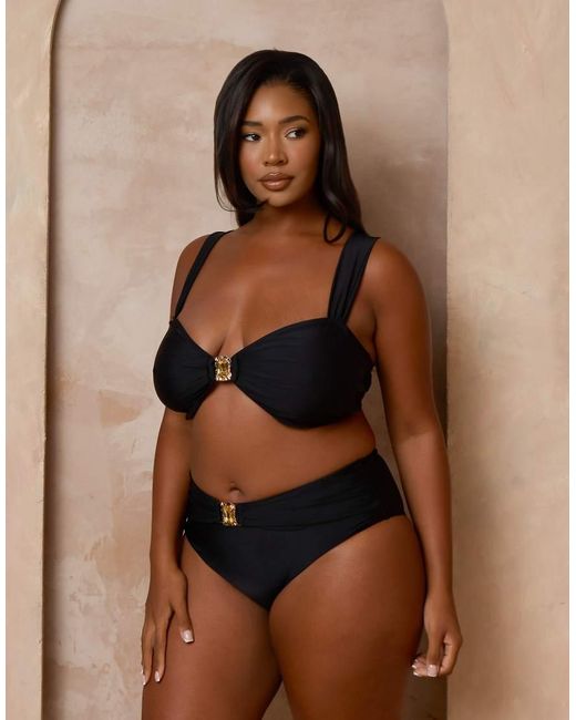 Moda Minx Curve Brown X Alessa Tyrrell-charles High Waisted Bikini Bottoms With Hardware Detail