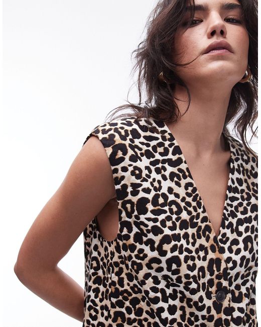 TOPSHOP Black Leopard Print Linen Waistcoat