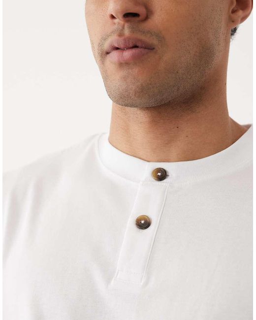 SELECTED White Heavyweight Short Sleeved Henley T-Shirt for men