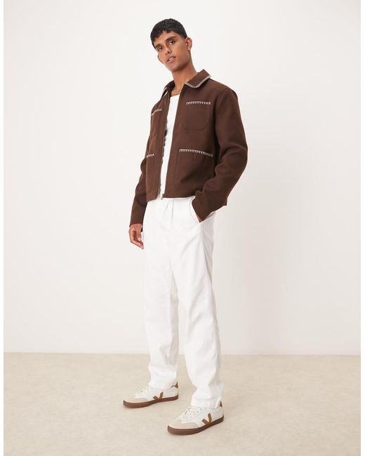 ASOS Brown Wool Look Harrington Jacket With Blanket Stitch for men