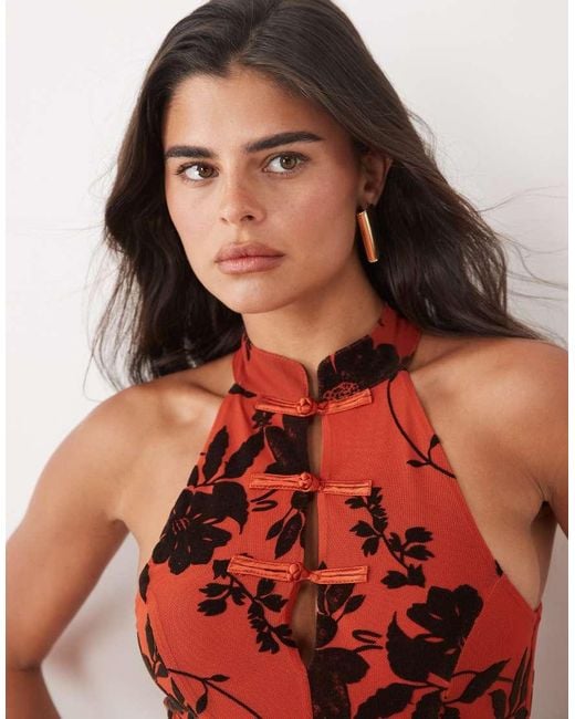 ASOS Red High Neck Mandarin Flocked Floral Top