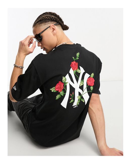 KTZ Black New York Yankees Flower Back Print T-shirt for men