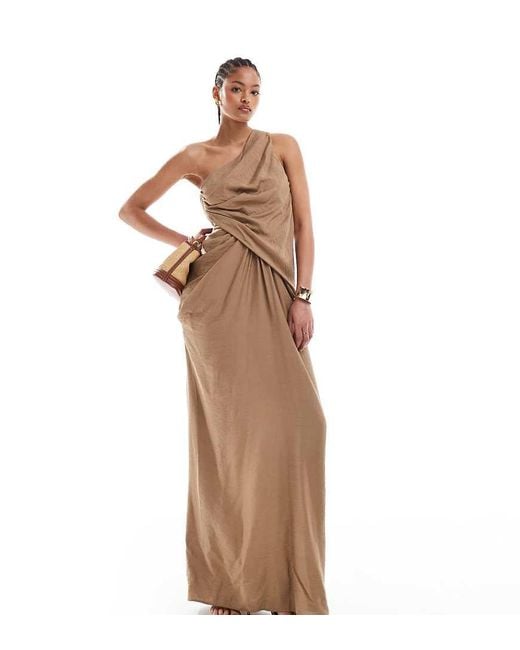 ASOS Natural Asos Design Tall One Shoulder Draped Maxi Dress With Full Skirt