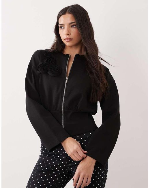 ASOS Black Interlock Corsage Detail Zip Through Sweatshirt
