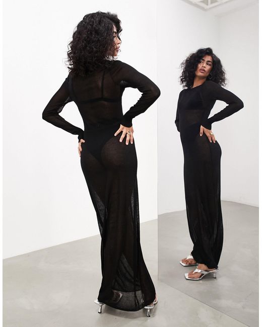 ASOS Sheer Knitted Long Sleeve Maxi Dress in Black Lyst