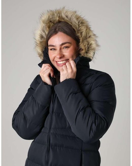 French Connection Blue Midi Padded Parka Jacket With Faux Fur Hood