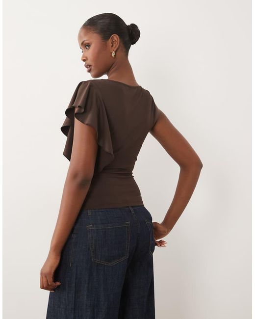 The Frolic Brown Exclusive Slinky Ruffle Shoulder Detail Sleeveless Top