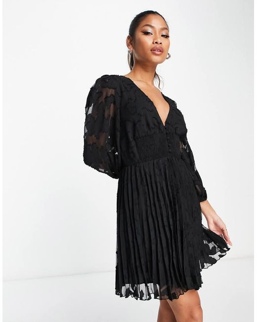 ASOS Black Burnout Button Through Shirred Waist Pleated Mini Dress
