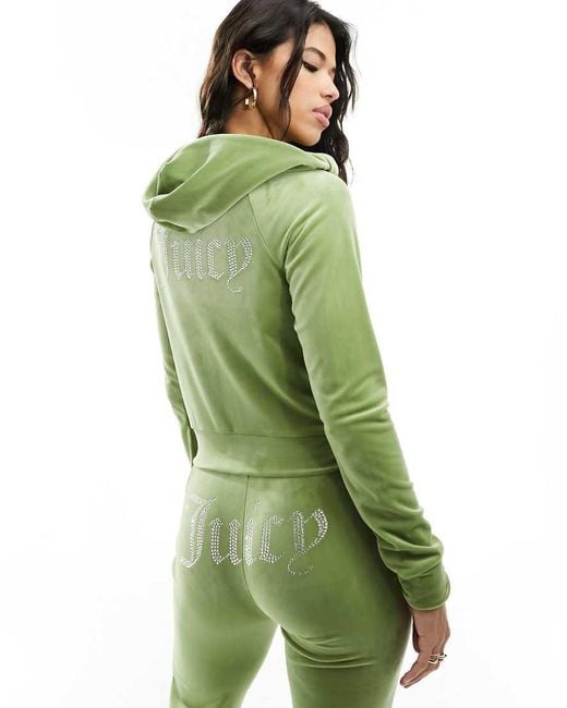 Juicy Couture Green Diamante Velour Tracksuit Zip Hoodie Co-Ord