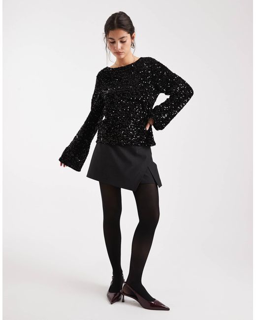 Pieces Black Backless Sequin Top With Satin Bow Back
