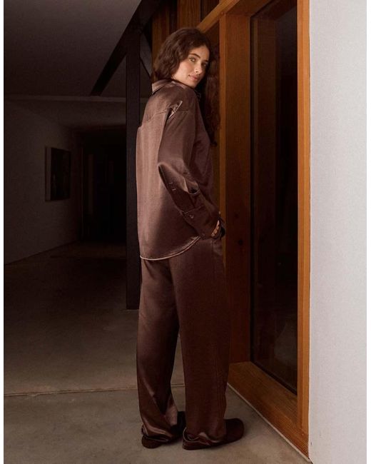 4th & Reckless Brown Satin Elasticated Waist Wide Leg Trouser Co-ord