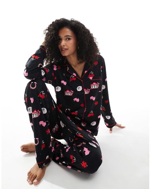 Loungeable Black Supersoft Jersey Lucky Print Pajama Set