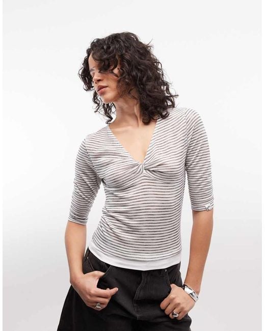 Collusion White Plunge V-neck 3/4 Sleeve Top