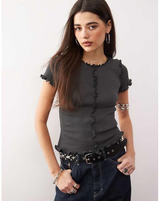 Monki Black Structured Knitted T-shirt With Ruffle Hem