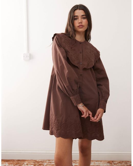asos floral embroidered shirt dress Elements Long Sleeve Fit & Flare Dress in Black main image 1