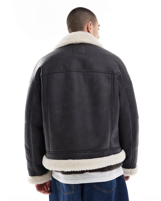 Bershka Black Faux Leather Aviator Jacket for men