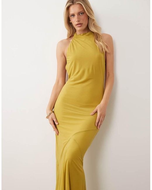 ASOS Metallic Stretch Chiffon High Neck Racer Fishtail Maxi Dress With Spliced Godet Detail