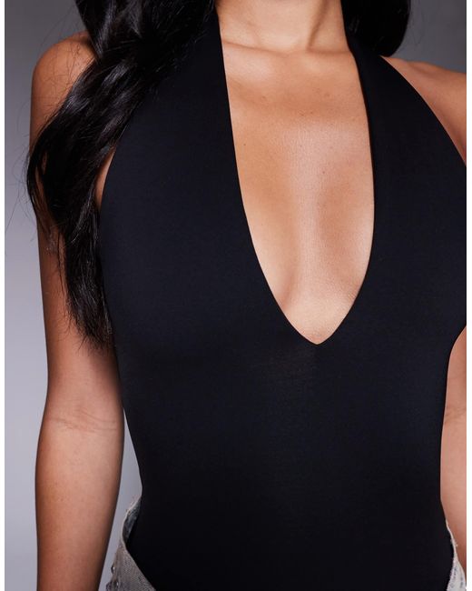 GOOD AMERICAN Blue Scuba Halter V Neck Bodysuit