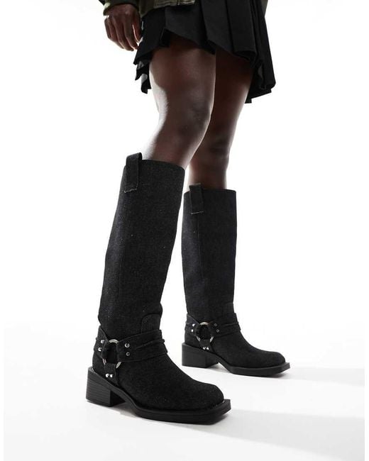 ASOS Black Camila Flat Western Harness Knee Boots