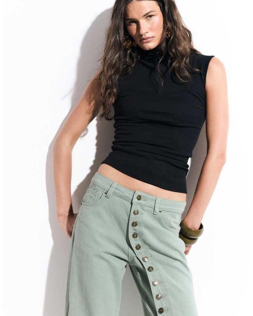 Lioness Green Penny Asymmetric Button Detail Relaxed Leg Jeans