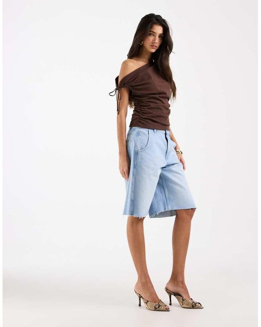 ASOS Red Ruched Sleeve Fallen Shoulder Waisted Tee