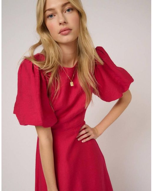 Nobody's Child Red Puff Sleeve Zola Midi Dress
