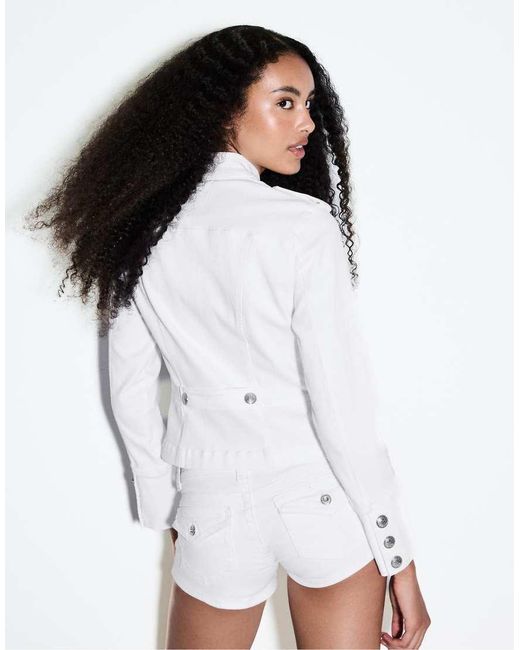 Stradivarius White Military Denim Blazer