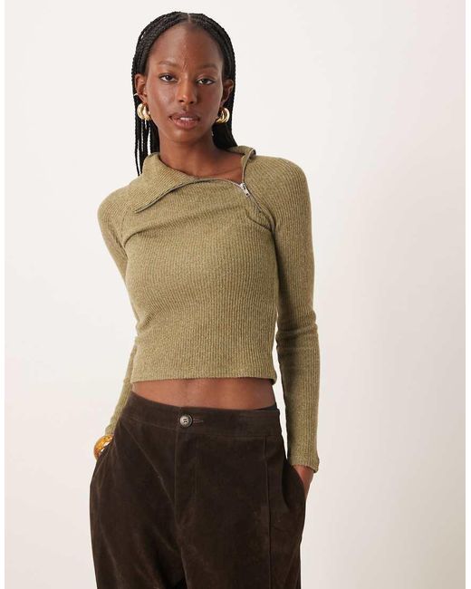 ASOS Green Supersoft Brushed Rib Long Sleeve Top With Zip Detail