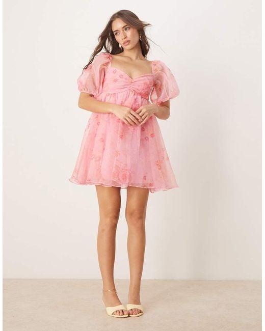 LACE & BEADS Pink Sheer Sleeve Organza Mini Dress